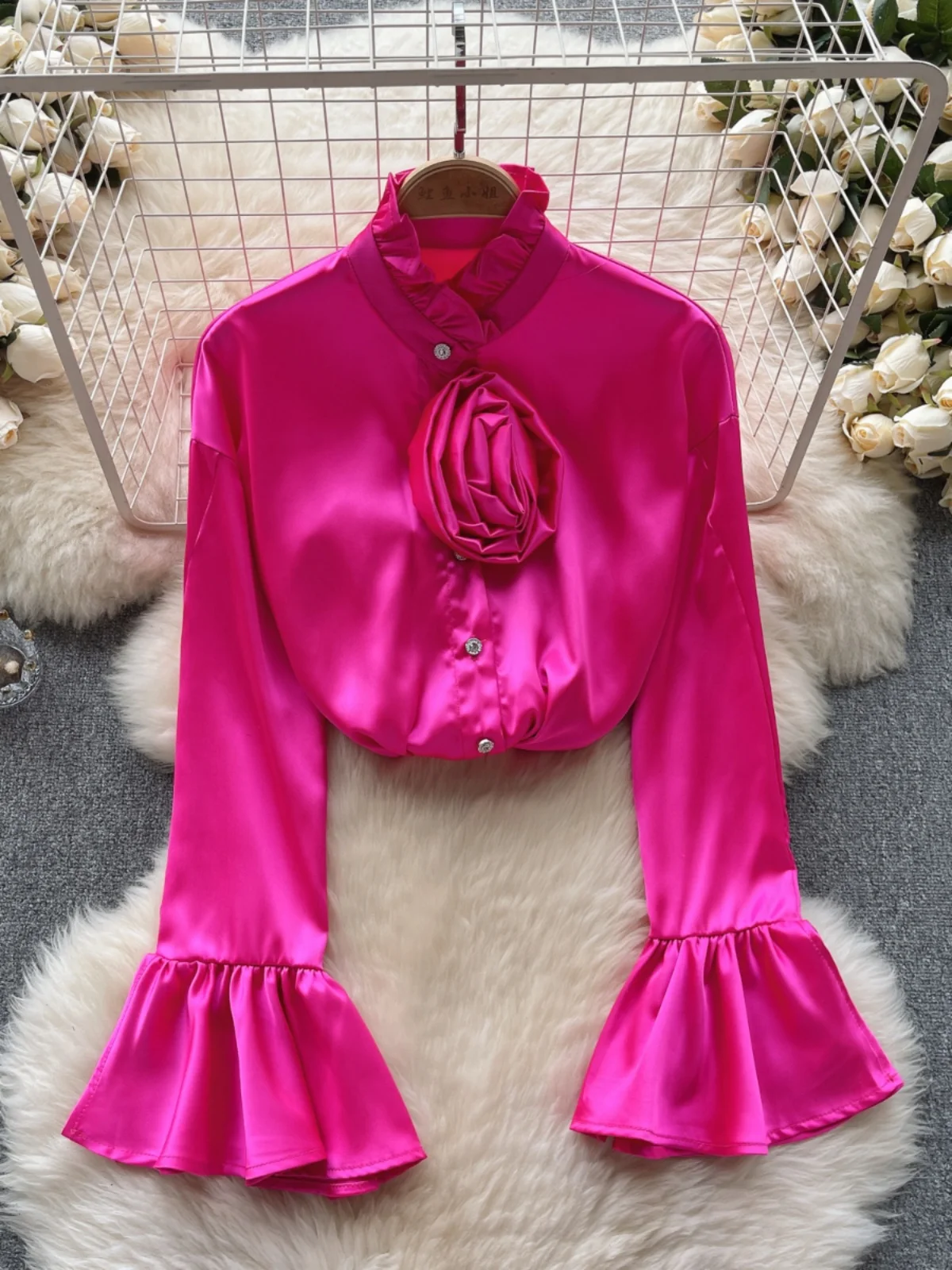 Elegant Satin Women's Shirt Flared Sleeve 3D Flower Slimming Versatile Long Sleeve Korean Style Commute Wind Loose Fit Shirt
