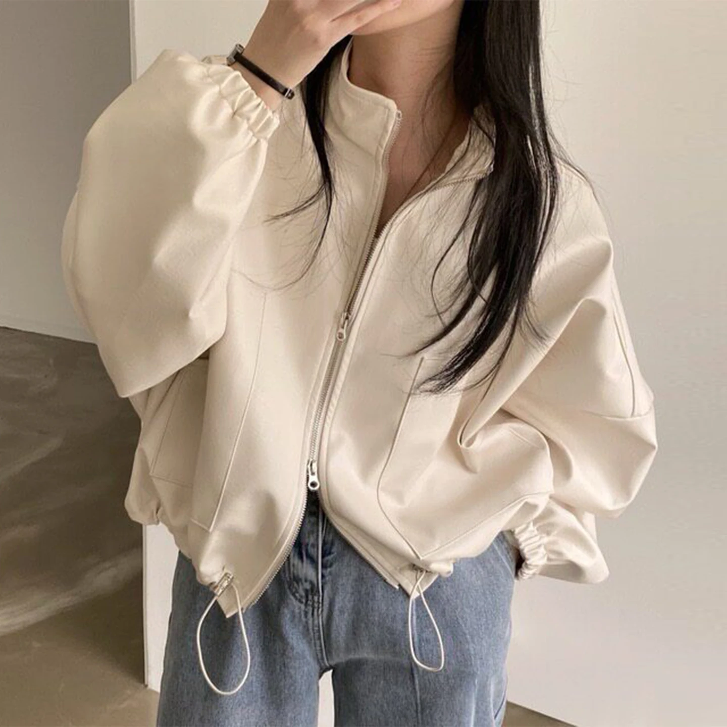 Retro Stand Collar Double Zipper Motorcycle Leather Jacket Women's Loose Large Size Jacket Top Autumn Fashion Outerwear