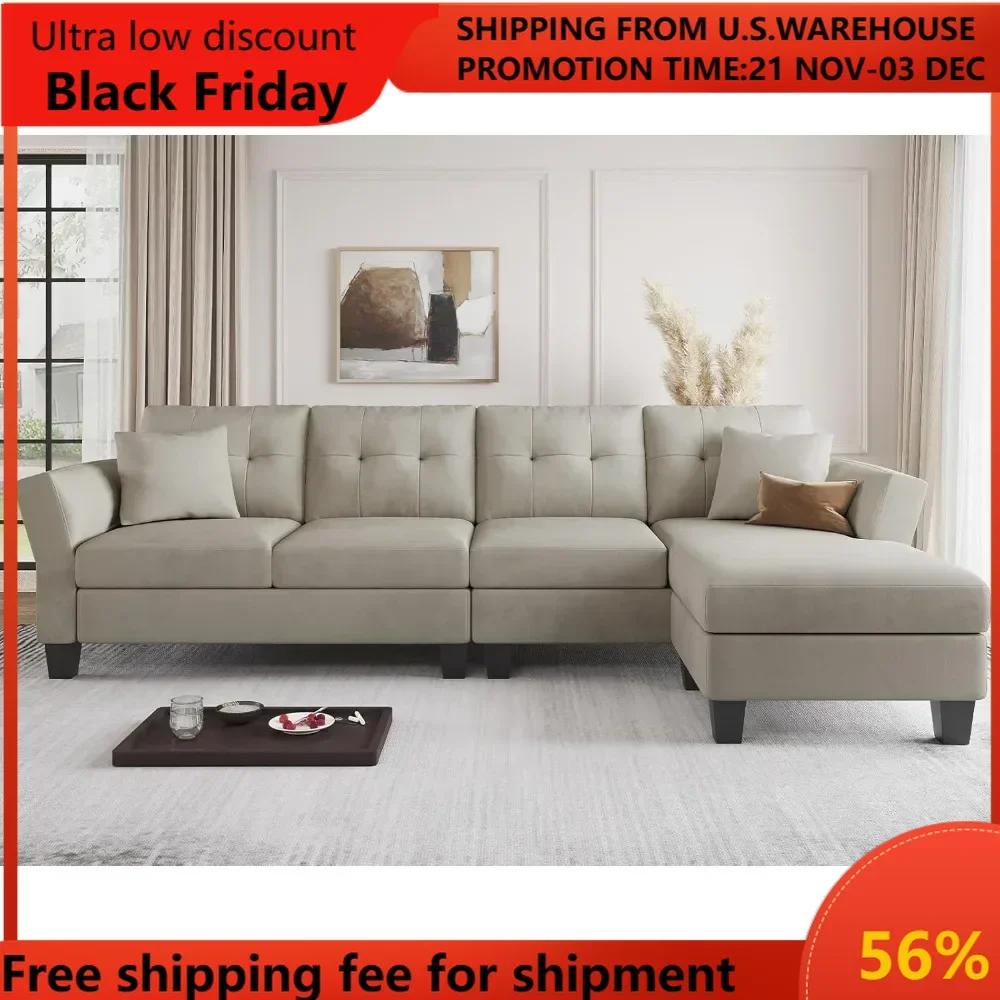 

Convertible Sectional Couch Velvet L Shaped Sofa 4 Seat Sofa with Chaise L-Shaped Couches Reversible Sectional Sofa