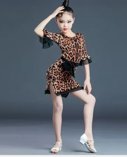 1 pz/lotto bambini moda stampa leopardo vestito ragazza cinghia di spaghetti cha cha vestito da ballo