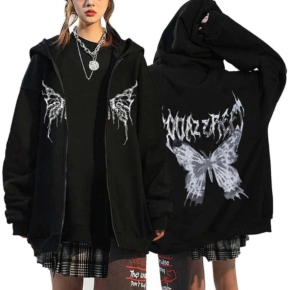 Women Vintage Butterfly Print Hoodies Autumn Winter Zip Up Long Sleeve Pocket Loose Sweatshirt Y2K Female Gothic Streetwear