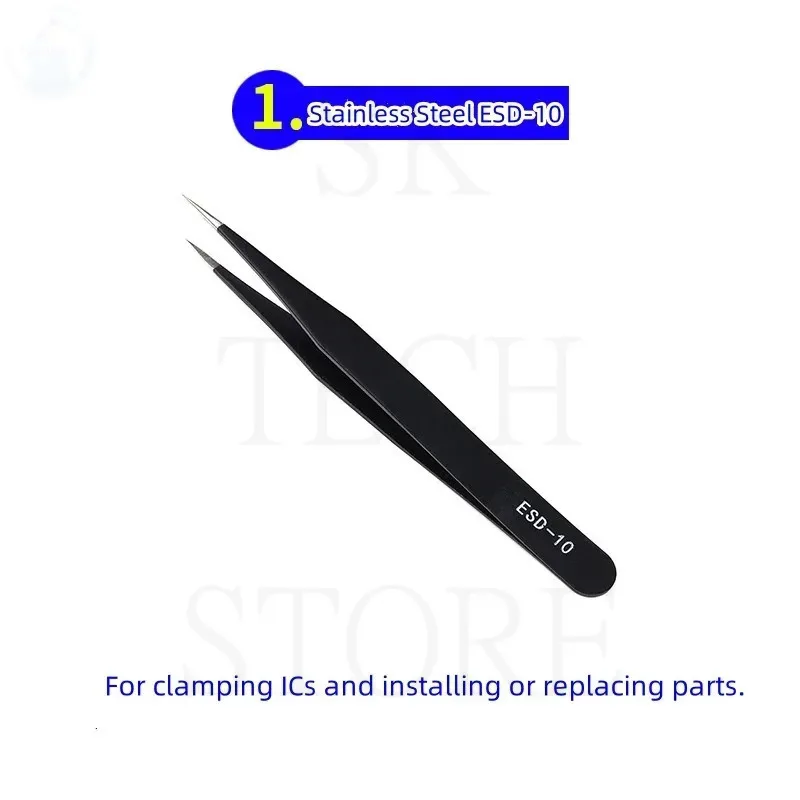 6PCS ESD Stainless Steel Tweezer Set Precision Maintenance Industrial Repair Curved Tool Home Working Model Making Hand Tool Set