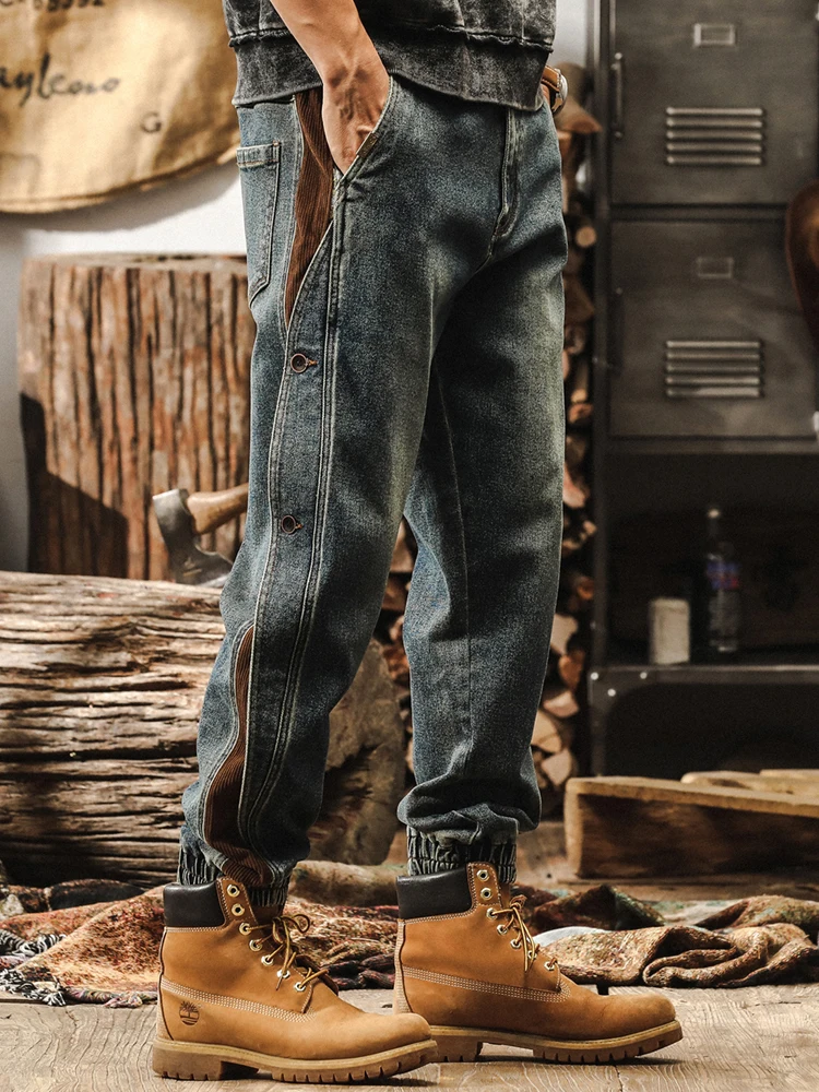 الرجعية الأمريكية Sle الرجال الجينز فضفاضة تناسب المرقعة عمال ربيع الخريف بناطيل كاجوال