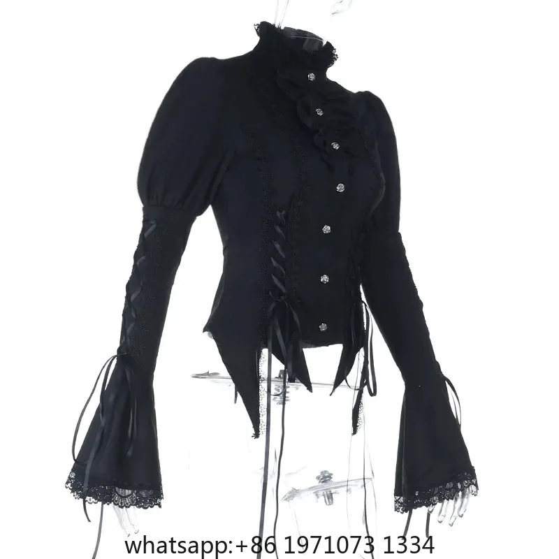 Goth Dark Lolita Lace Trim Gothic Blouse Shirts Mall Goth Single Breasted Flare Sleeve Side Bandage Tops Halloween Cardigans