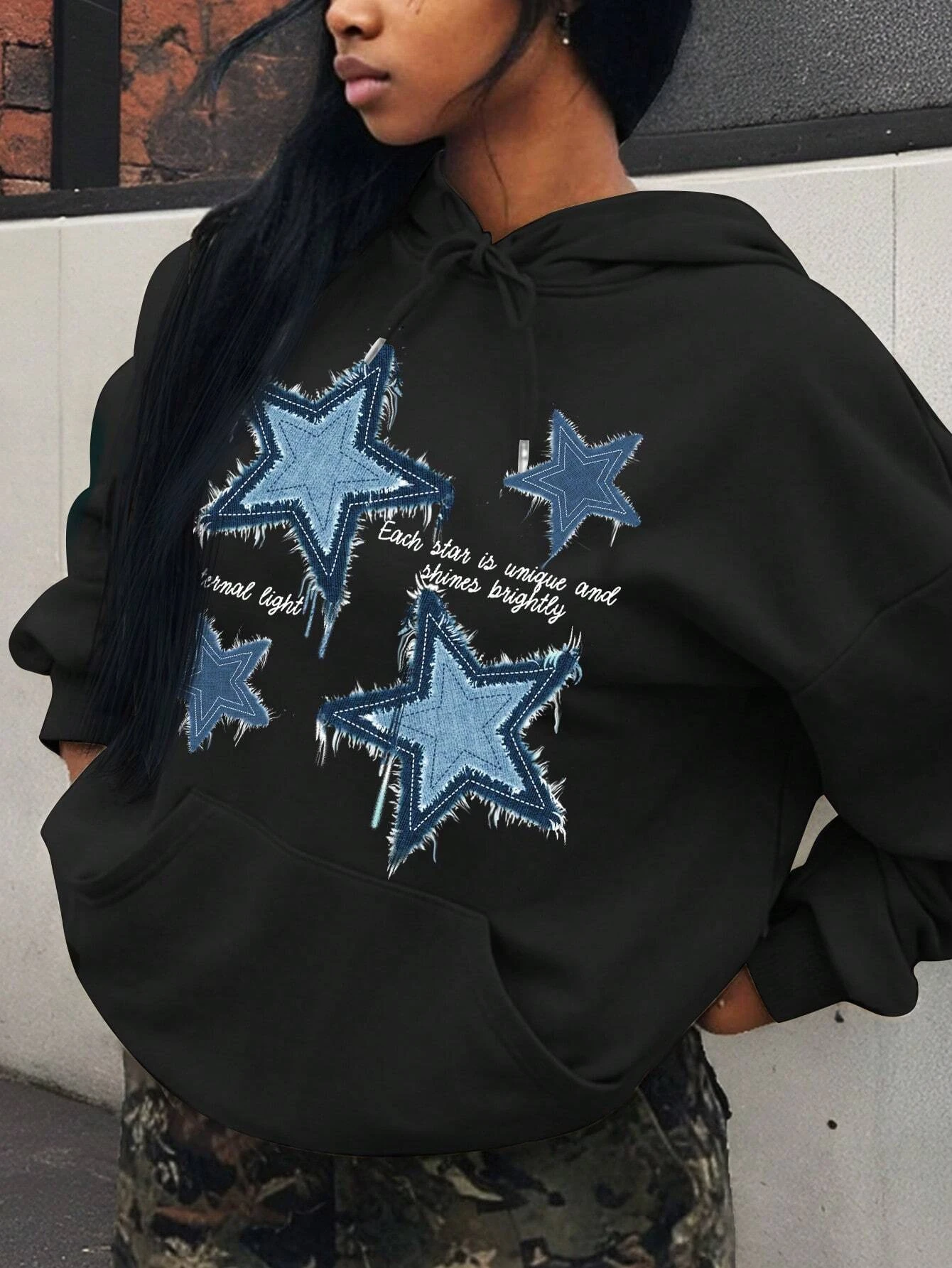 Retro Blue Star Printed Women Hoodie Casual Multicolor Hoody Vintage Loose Y2K Hoodies Comfortable Fleece Woman Clothing