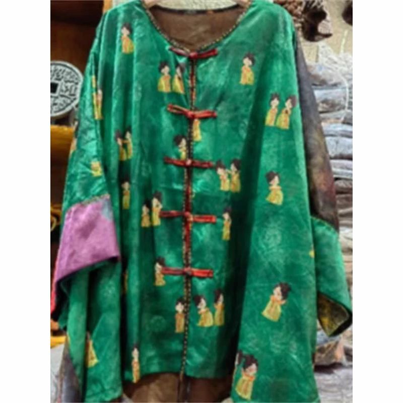 Original Design Summer Women Long Sleeve Single Breasted Loose Shirt Coat Vintage Print Rayon Handmade Embroidery Jacket 8732