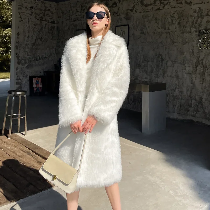 

2024 Winter Fluffy Fur Jacket Women Solid Lapel Long Faux Fox Fur Coat Ladies Furry Warm Pink White Jacket Trench Coats Tops