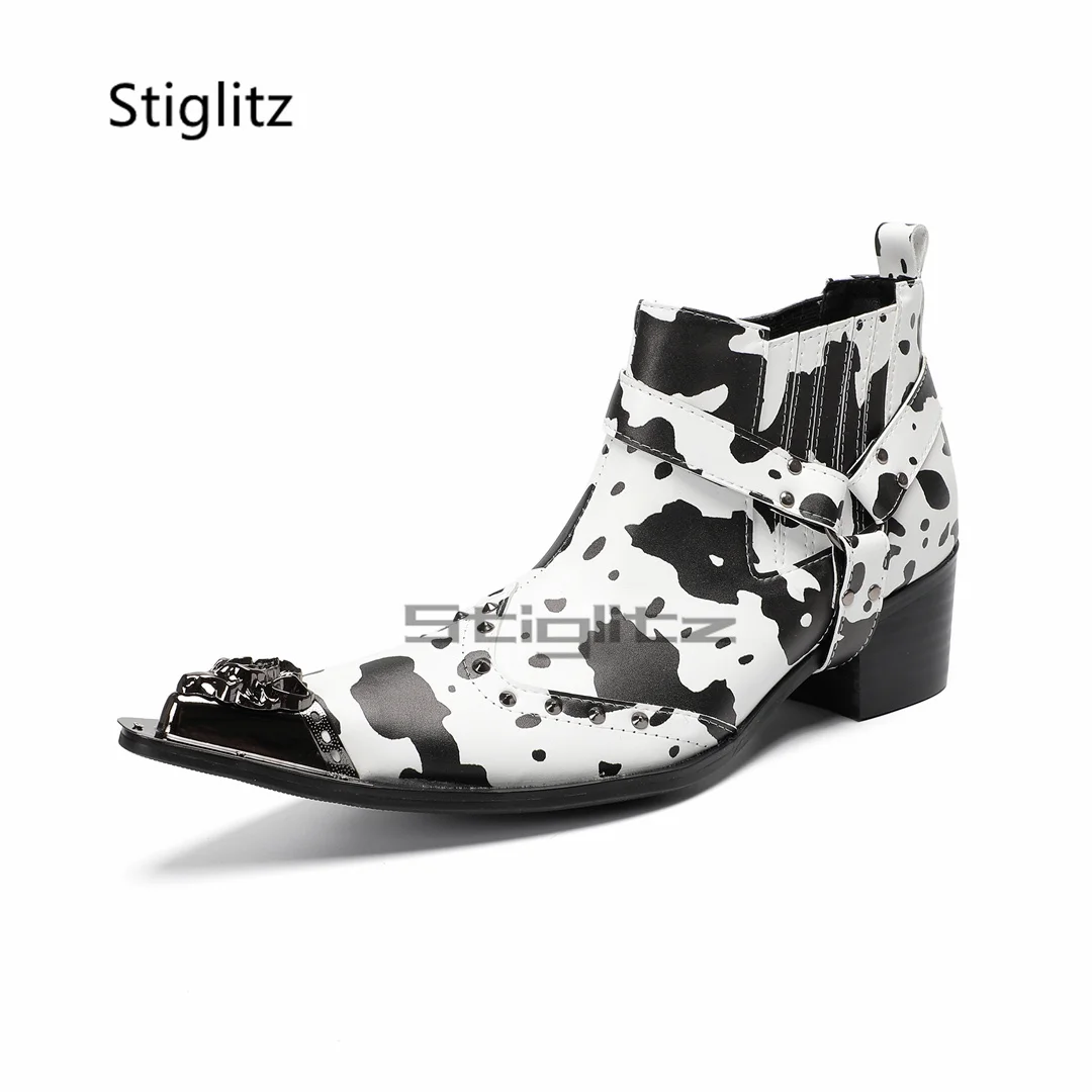 

Cow Print Ankle Boots for Men Buckle Strap Chelsea Boots Metal Toe Genuine Leather High Heels Rivets Boots Party Dress Shoes