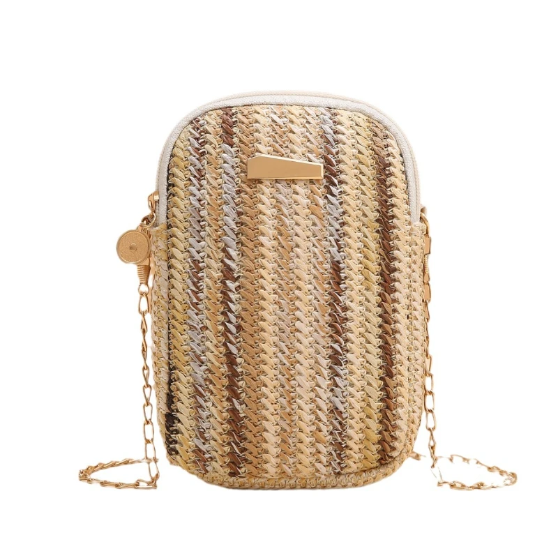 Bolso de playa tejido para mujer, bolsa de hombro con patrón de arcoíris, cartera móvil para maquillaje, lápiz labial, el mejor regalo para niñas, Primavera/Verano