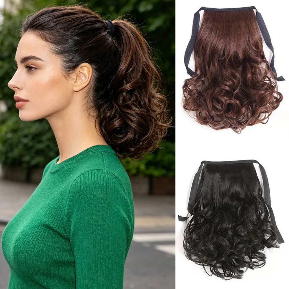 8Inch Synthetic Short Curly Ponytail Drawstring Wrap Around Clip in Hair Extension Black Brown Hairpeice for Women