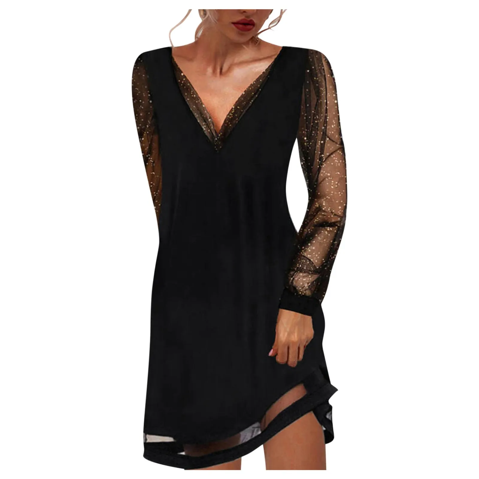 Fashion Dress Women Black V Neck Gauze Sequins Long Sleeved Female Dresses Party Club Dress Casual Short Dress 2024