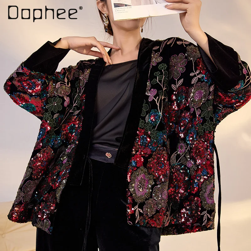 

High-end New Chinese Style Embroidered Flower Sequin Coat Elegant Socialite Colorful Beaded Red V-neck Loose Casual Coat Women