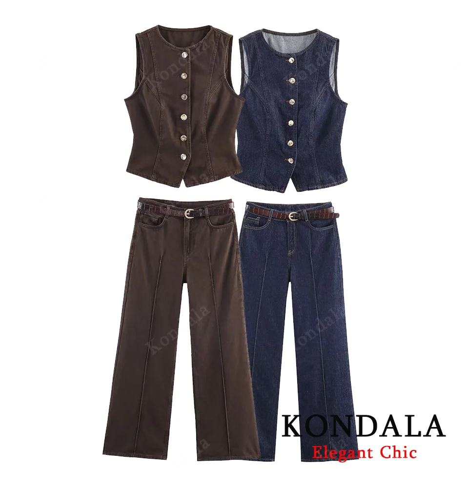 KONDALA Women Vintage Denim Set Buttons Vest or Belted Wide Leg Pant 2025 Spring Fall Fashion Mujer High Street Casual Pants Set