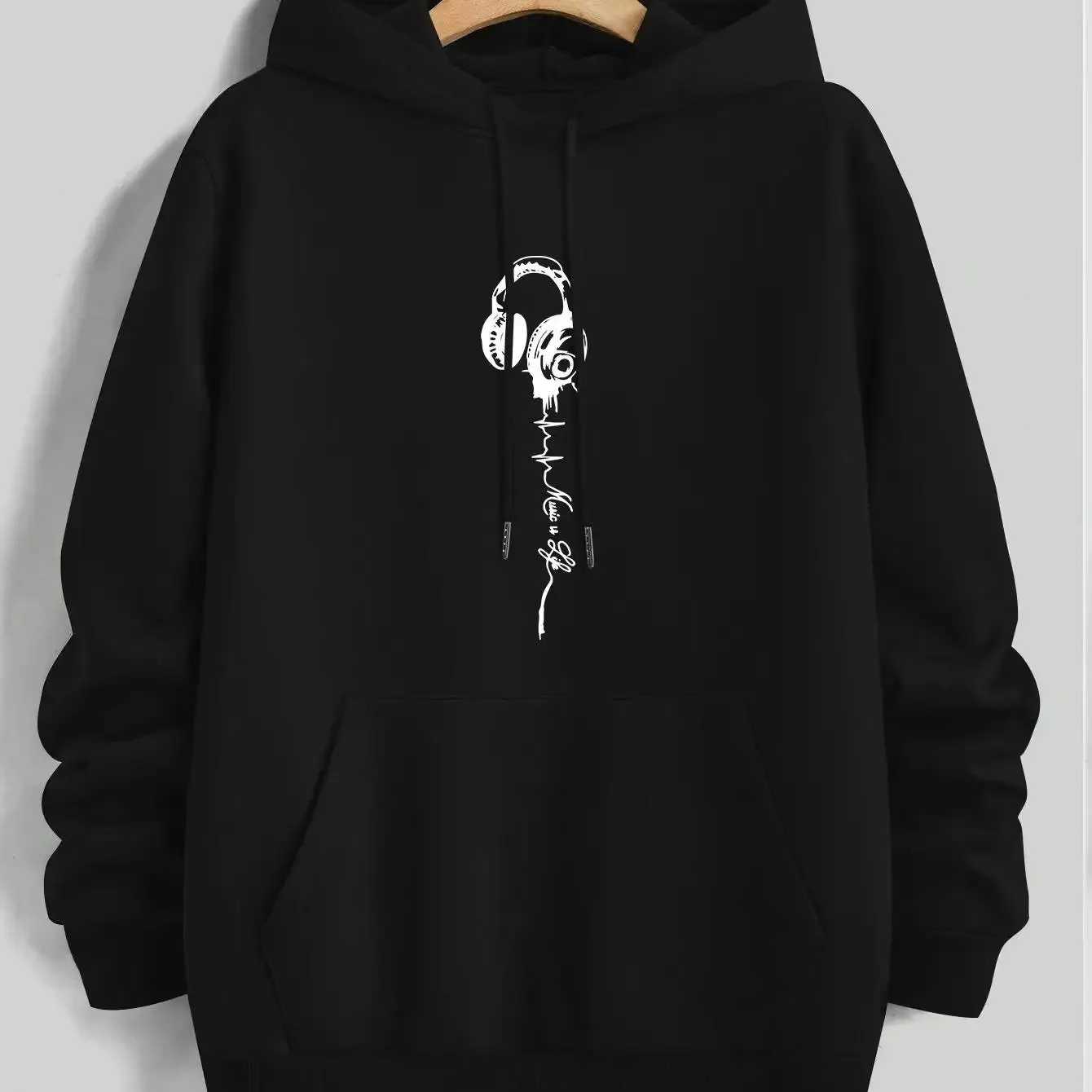 Casaco tipo sweatshirt com fecho, de manga comprida e corte folgado, para homem e mulher, com estampas de fones de ouvido e motivos musicais, e tecido