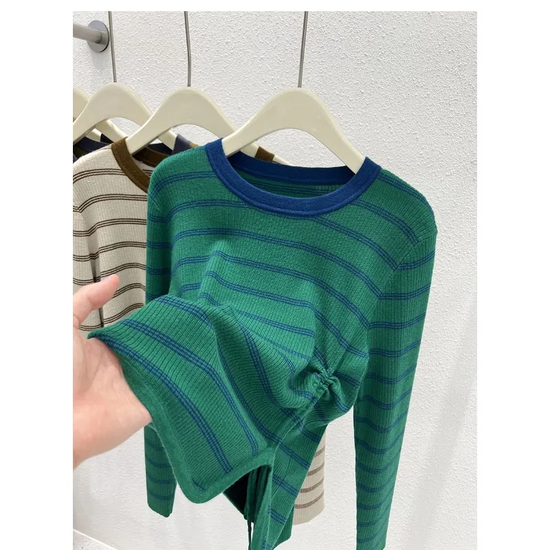 

Полосатый свитер контрастного цвета, женский осенне-зимний новый дизайн с длинными рукавами, тонкая нижняя рубашка на шнурке, топ