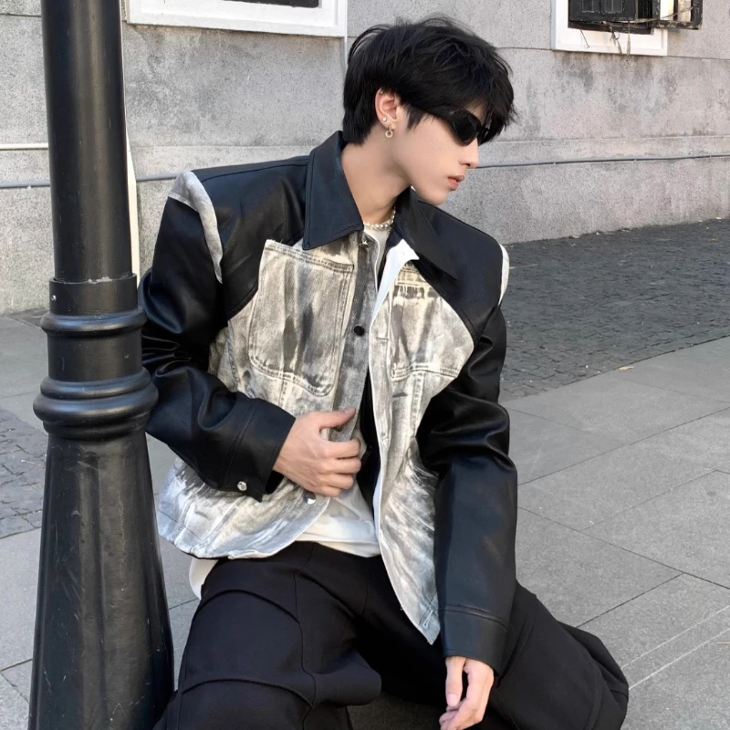 

American Street Retro Patchwork Heavy-duty Washed Hand-painted Denim PU Leather Shoulder Pad Jacket Short Cool Stylish Top