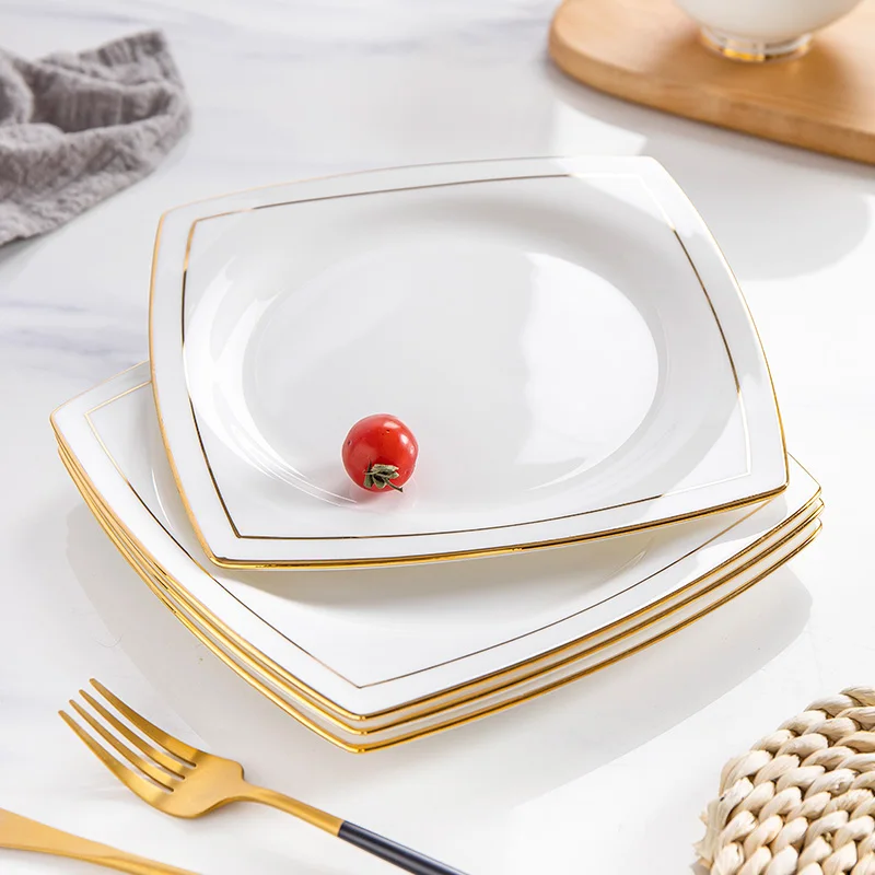 White Tableware Bone China Plate Golden Edge Square Dinner Plate Dining Room Decorative Plate Household Dish Western Food Plate