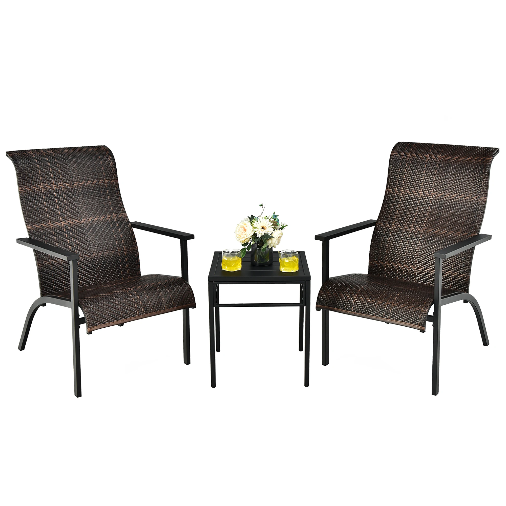 3 PCS Patio Rattan Bistro Set High Backrest Armrest SideTable Mix Brown