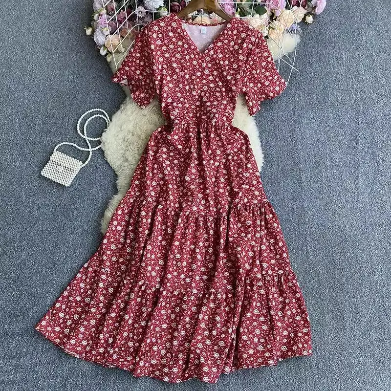 Vestido floral de manga curta feminino, decote em v, estampado retrô coreano, vestido longo para praia, renda, moda verão, Z4932, 2024