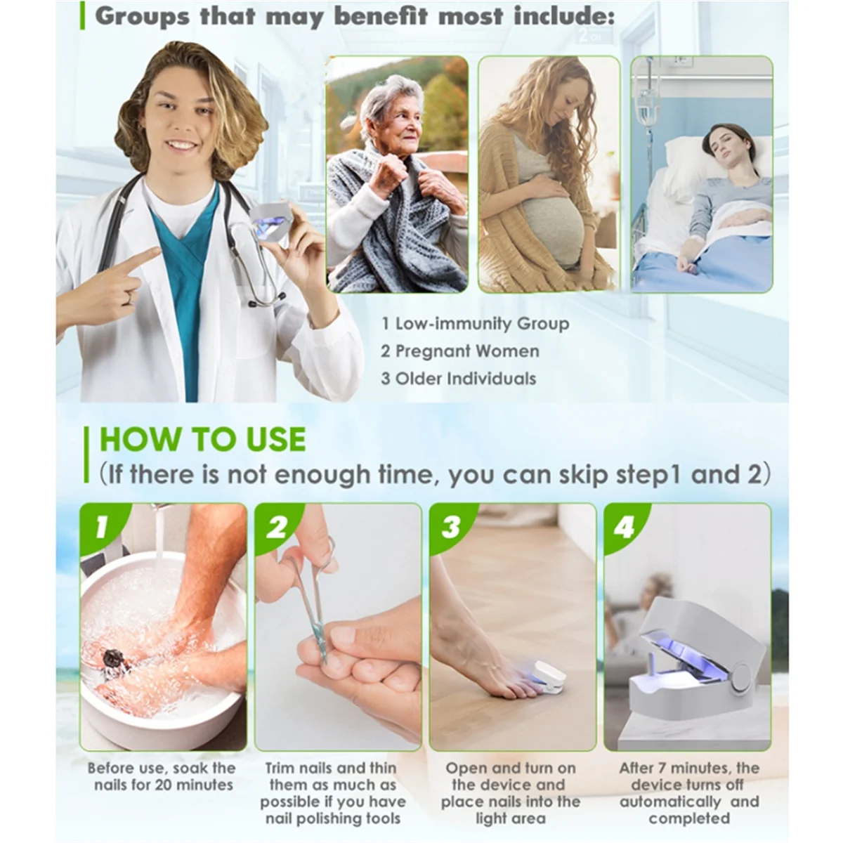 BABQ Luz de limpieza de hongos de uñas con dispositivo de pantalla LED Tratamientos de hongos de uñas para luz de onicomicosis para uñas de los pies A