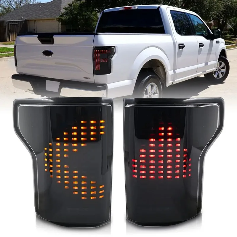 

Для Ford F150 2015-2020 дымовые светодиодные задние фонари, пара черных корпусов, последовательные задние фонари, обновление слева и справа