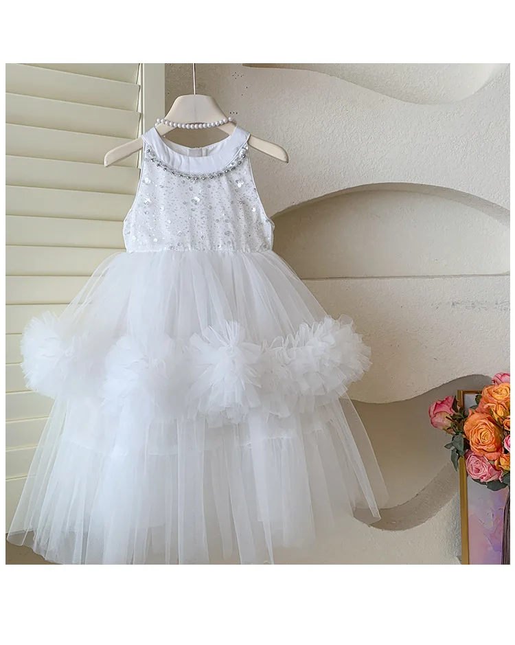

Тюлевое платье без рукавов для девочек, блестящие блестки, стразы, декольте, многослойная детская элегантная юбка с цветочными рюшами