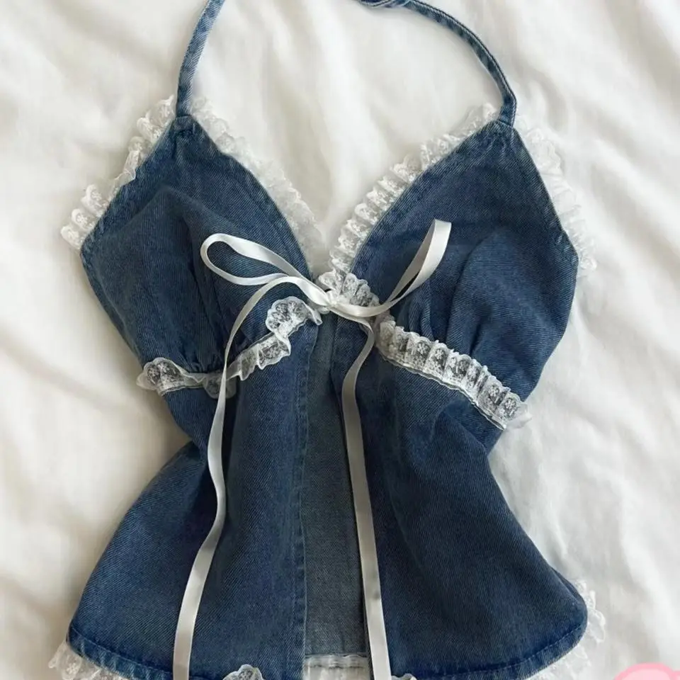 

2025 Summer New Denim Camisole Strap Lace Slim Fit Blue Bow Sleeveless Top