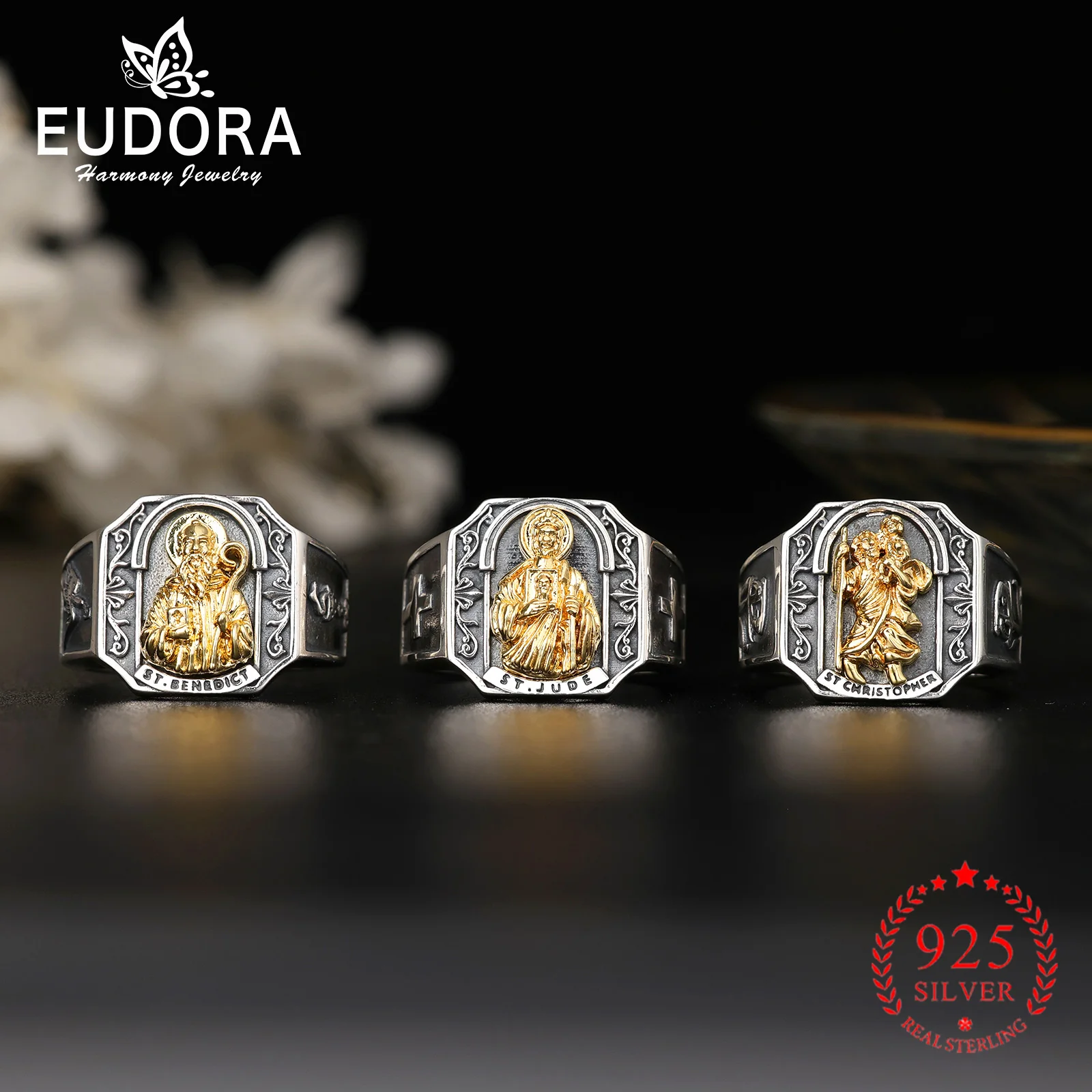 

Eudora 925 Sterling Silver Saint Benedict Ring St.Christopher Saint Jude Adjustable Ring Christian Amulet Religious Jewelry Gift