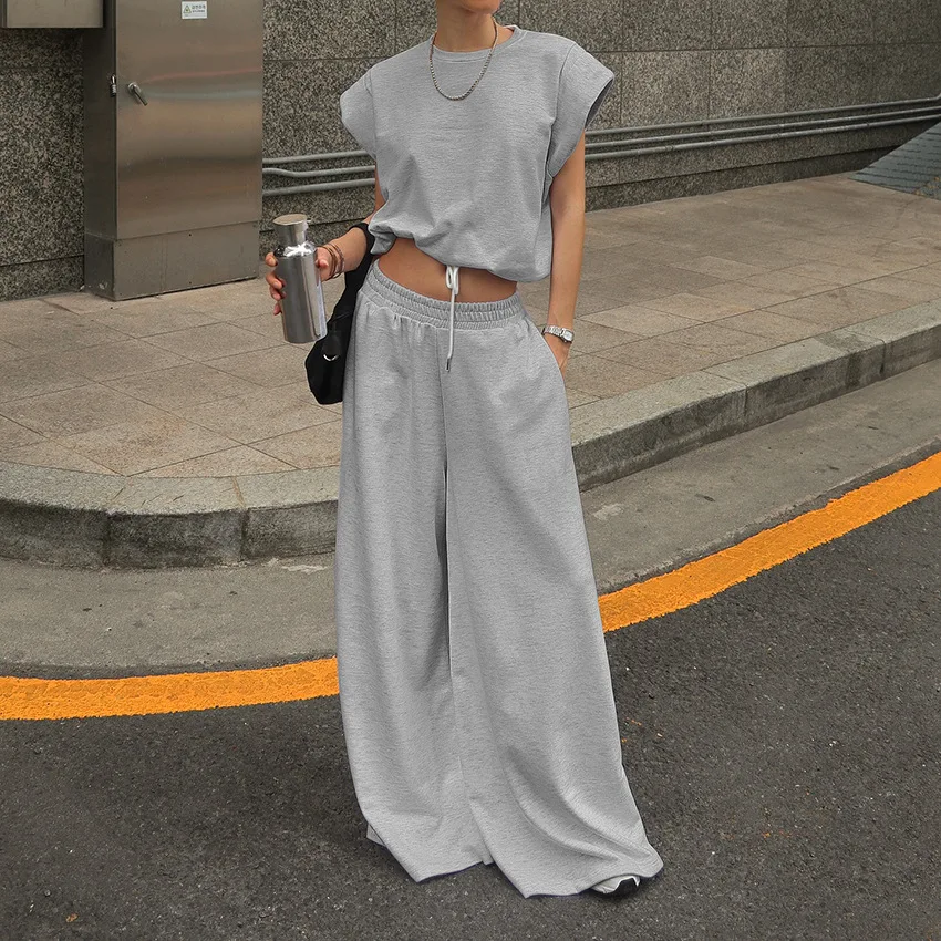 

Spring Female Two Piece Set Casual Long Pants Suit Women Sleeveless Waistcoat Tops+high Waist Drawstring Wide-leg Pants