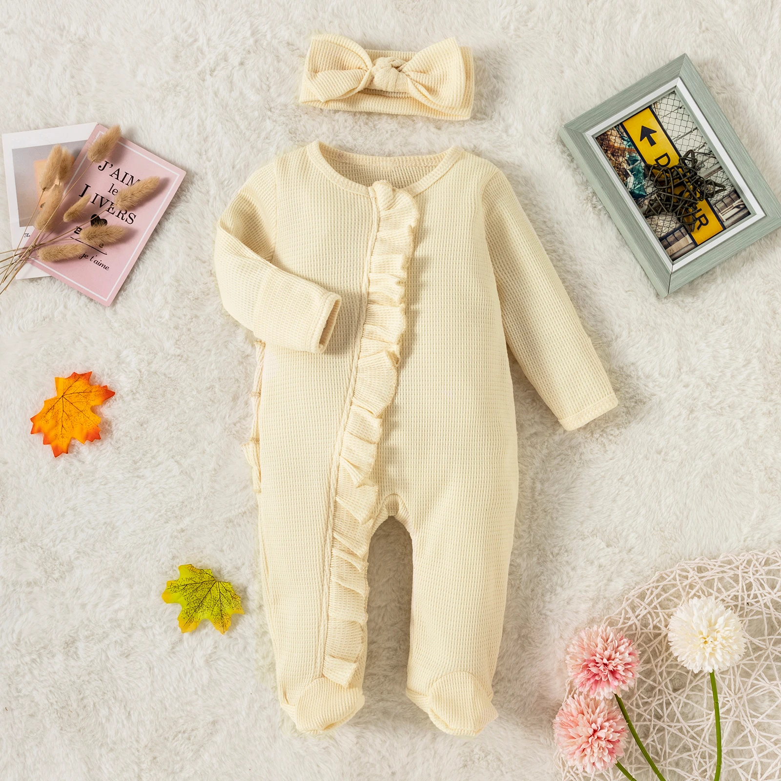 Infant BabyGirl Footies Rompers Solid Color Long Sleeve Jumpsuits Winter Fall Clothes Bodysuits with Headband