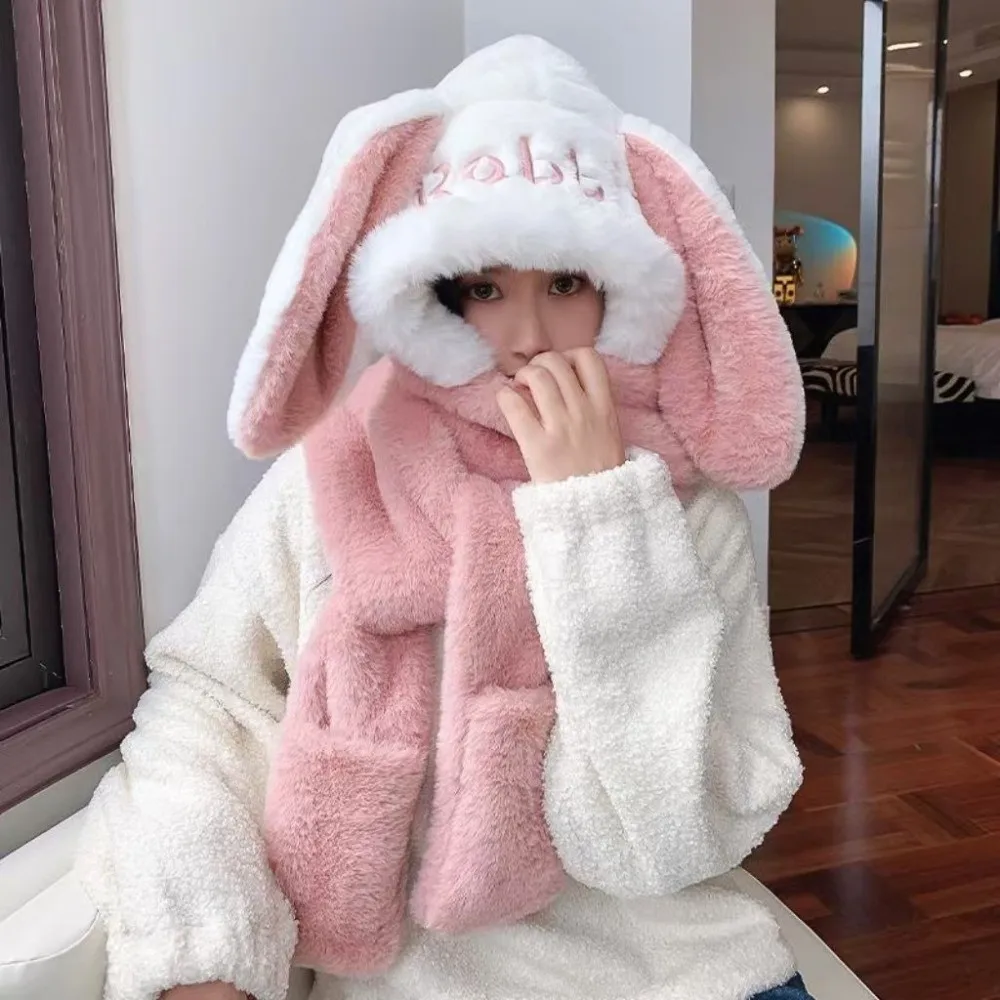 귀여운 3-in-1 후드 스카프 두꺼운 플러시 보온 플러시 스카프 부드러운 귀 보호 겨울 모자 여성 소녀용