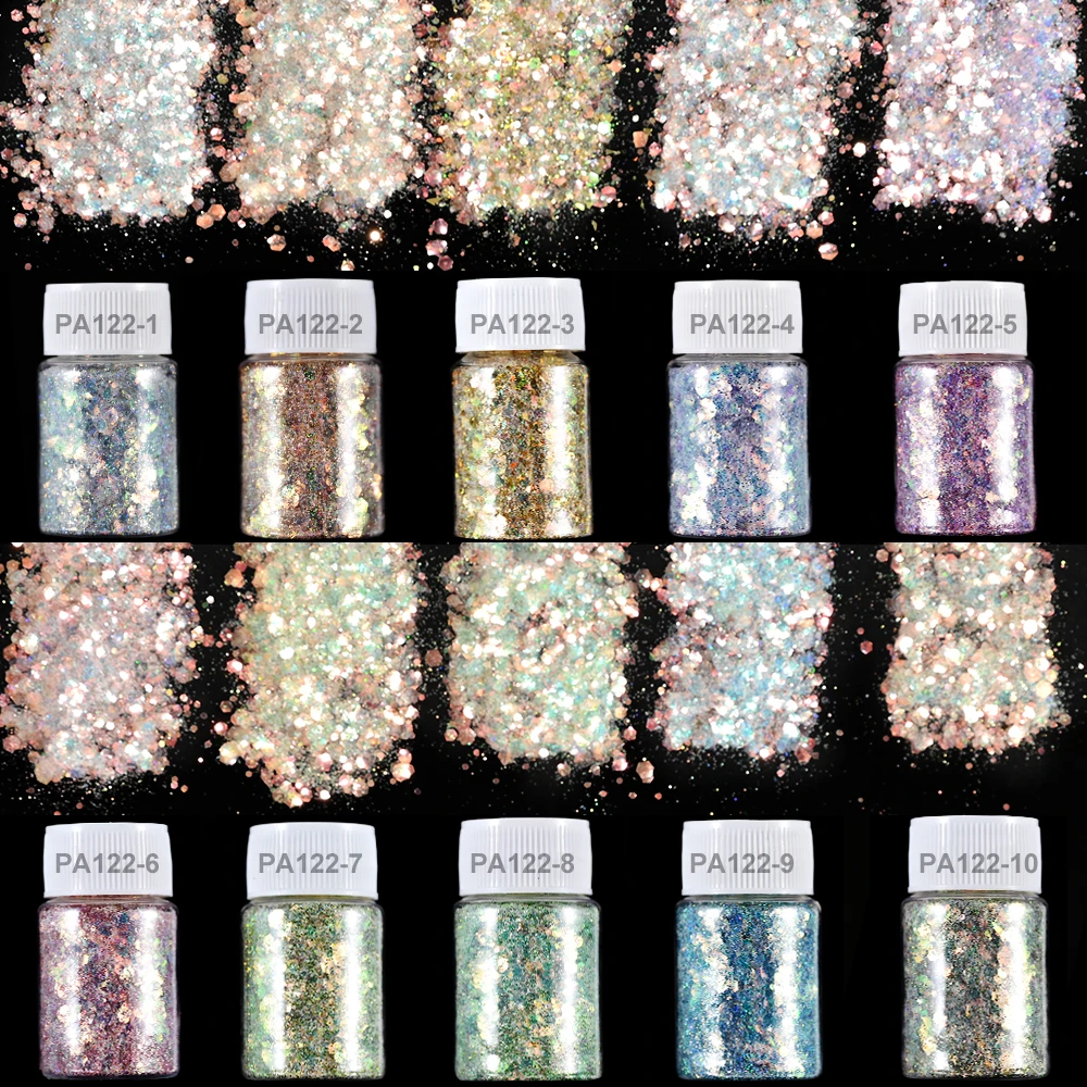 20 Colors Ice-Transaprent Mermaid Nail Glitter Sequins Mixed-size Iridescent Hexagon Nail Flakes Holographic DIY UV Gel Sequins