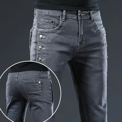 2024 New Men's Cotton Classic Youth Slim Jeans Motorcycle Trendy Multi-button Stretch Straight Skinny Denim Trousers Male