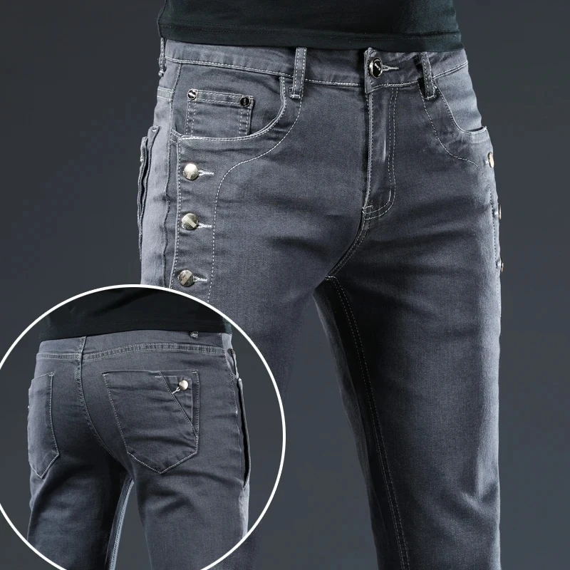 2024 New Men's Cotton Classic Youth Slim Jeans Motorcycle Trendy Multi-button Stretch Straight Skinny Denim Trousers Male