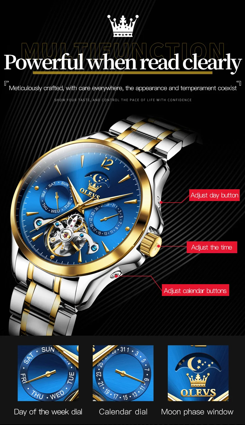 OLEVS 6663 الهيكل العظمي القمر المرحلة التلقائي ساعة ميكانيكية للرجال التقويم أسبوع فاخر العلامة التجارية الأصلية ساعة يد رجال الأعمال
