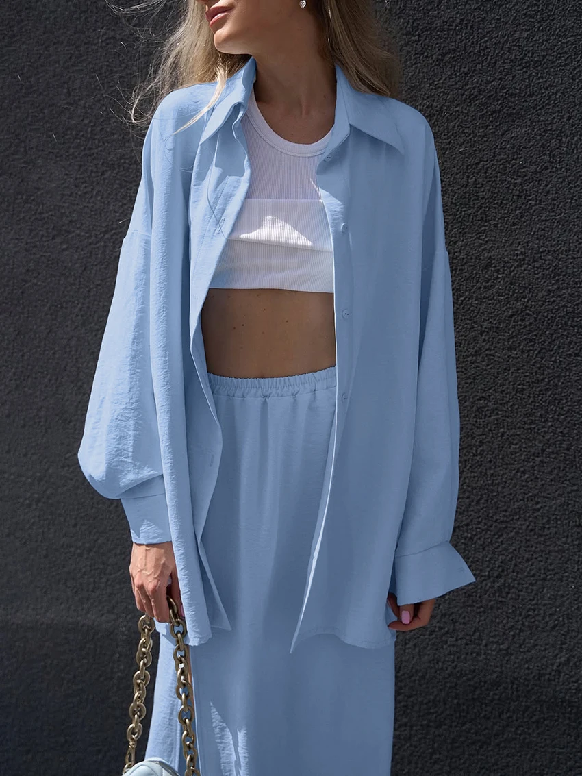 Marthaqiqi Autumn Women'S Nightgowns Suit Turn-Down Collar Nightwear Long Sleeve Pajamas Long Skirts Casual Ladies Sleepwear Set