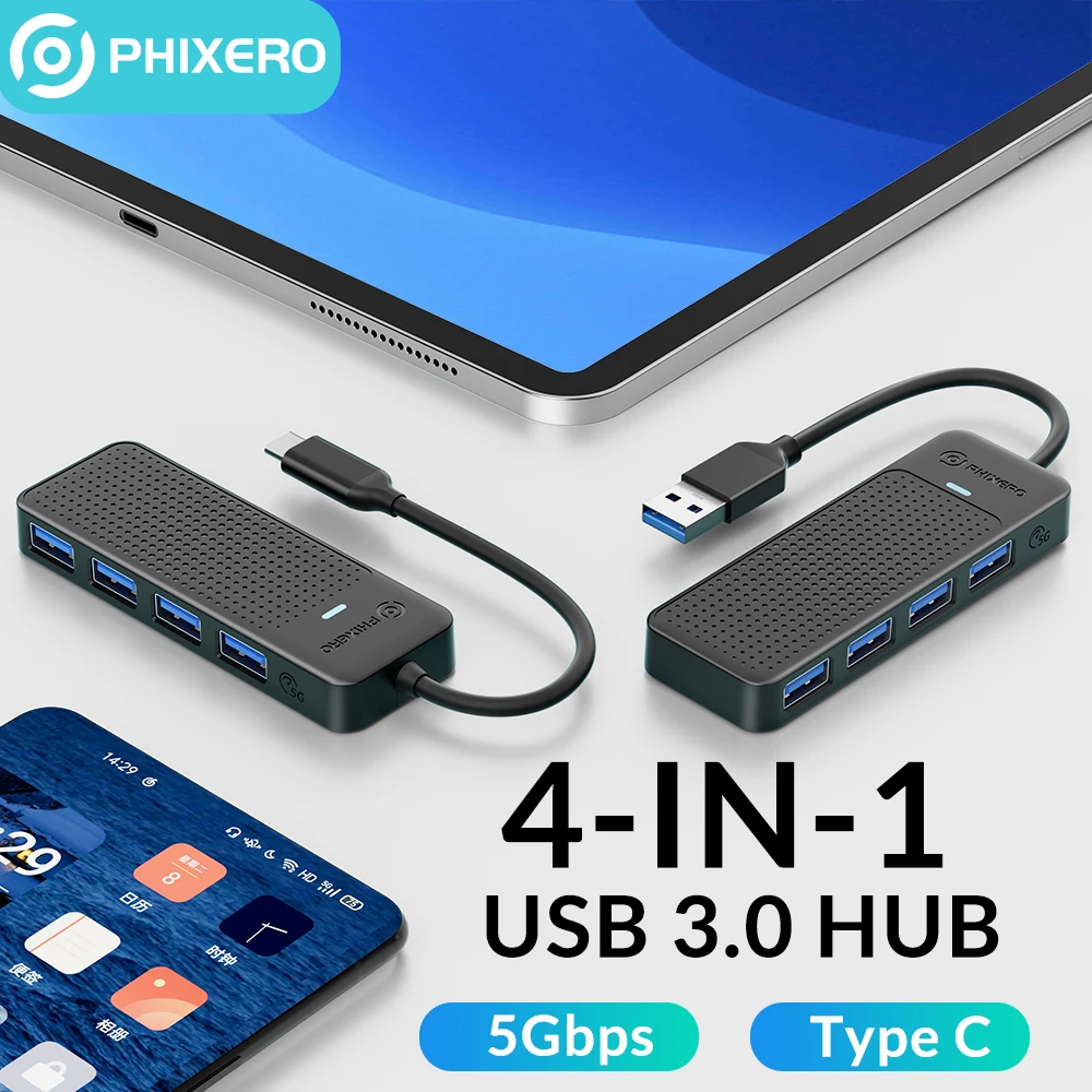 PHIXERO 4 Port USB 3.0 HUB Multi USB Splitter Type C Adapter Expansion Ultra-Slim OTG 5Gbps High Speed For Mac PC Accessories