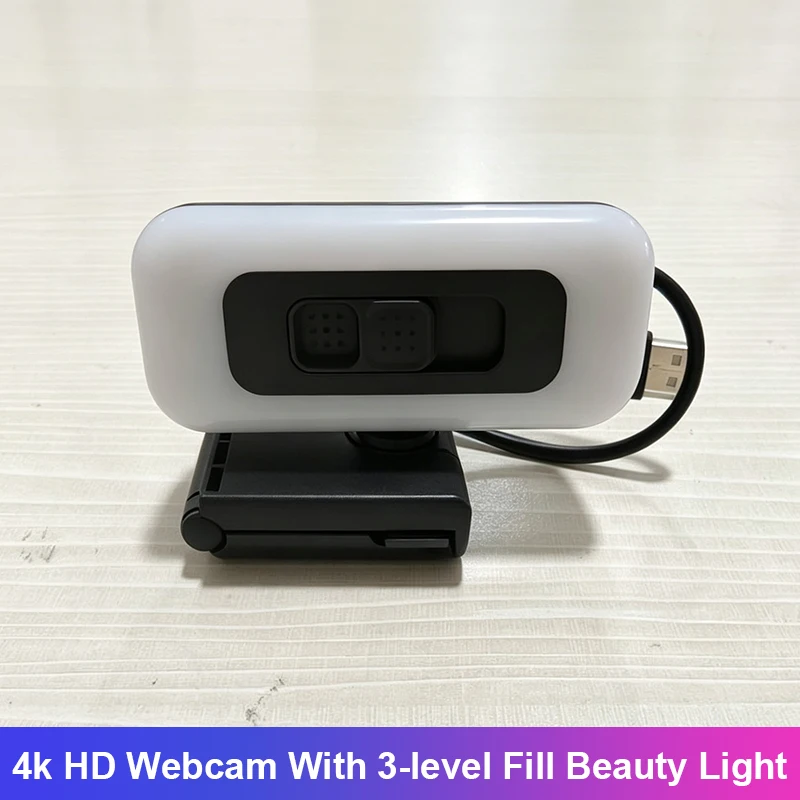 4k Hd Webcam With 3-level Fill Beauty Light Auto Focus Privacy Cover Dual Noise Reduction Mic Plug & Play Computer Camera