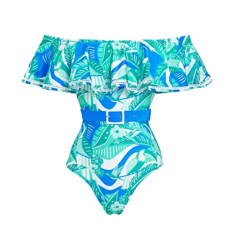 Women's Tropical Print One Piece Swimsuit and Skirt, Swimwear, Off Shoulder, Ruffled, Beachwear, Two Piece Bathing Suit