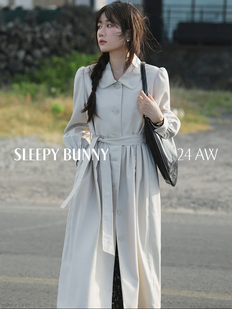 

Vintage Lantern Sleeve Trench Coat for Women Autumn Loose Fit Mid-Length Overcoat Elegant Slimming Casual Outerwear for Fall