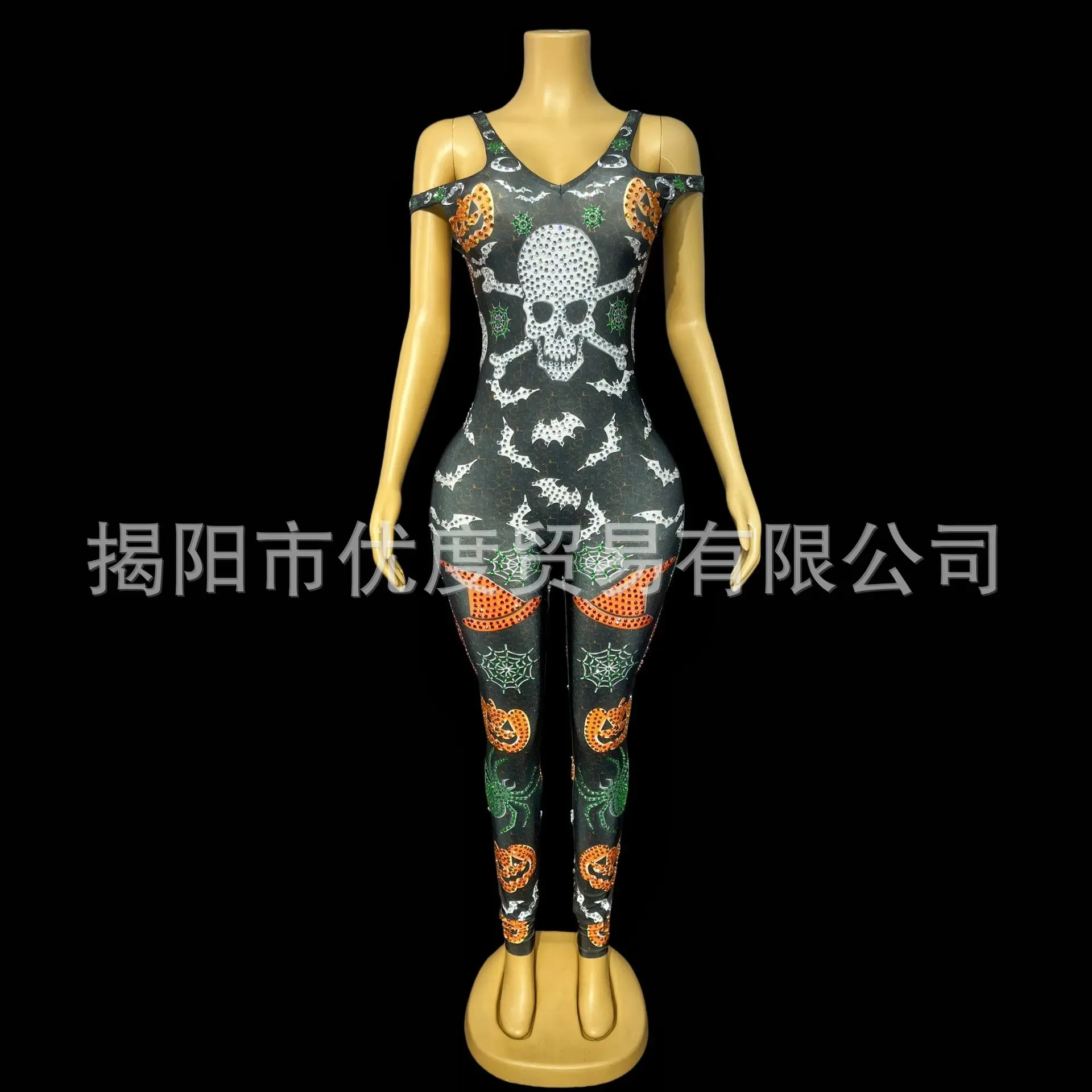 هالوين الجمجمة بذلة حجر الراين أكمام قطعة واحدة تأثيري ملابس رقص اليقطين رئيس فساتين السهرة امرأة أنيقة فاخرة