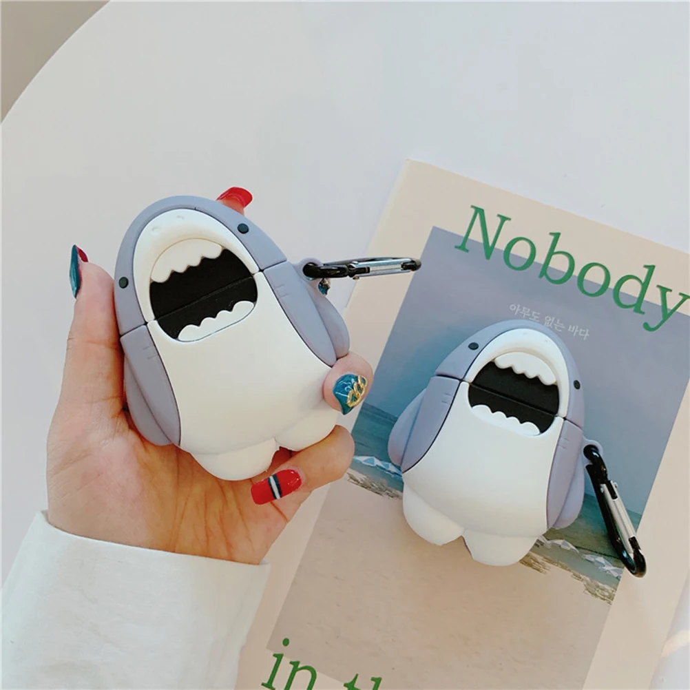 

Silicone Protective Case Portable Headphone Cover Shark Pattern Soft Elastic Carabiner Easy Carry Charging Hole Anti Slip Grip