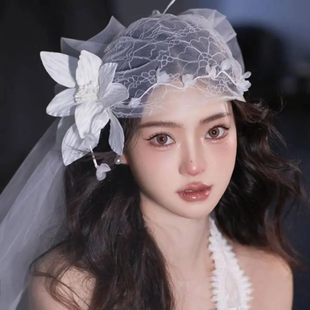 

Romantic Retro Bridal Headdress French Style Luxury Bridal Lace Floral Hat Banquet Elegant Wedding Headband Hair Accessories