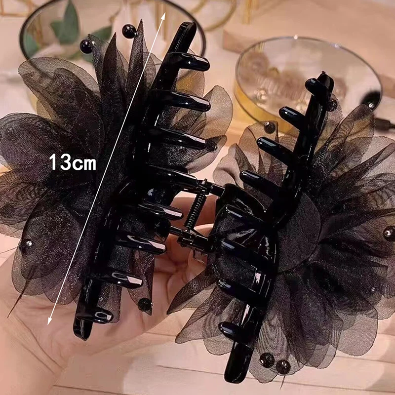 Feather Grip Clip High Value Light Luxury Hair Accessories Organza Pearl Temperament Back Of The Head Plate Hair Shark Clip