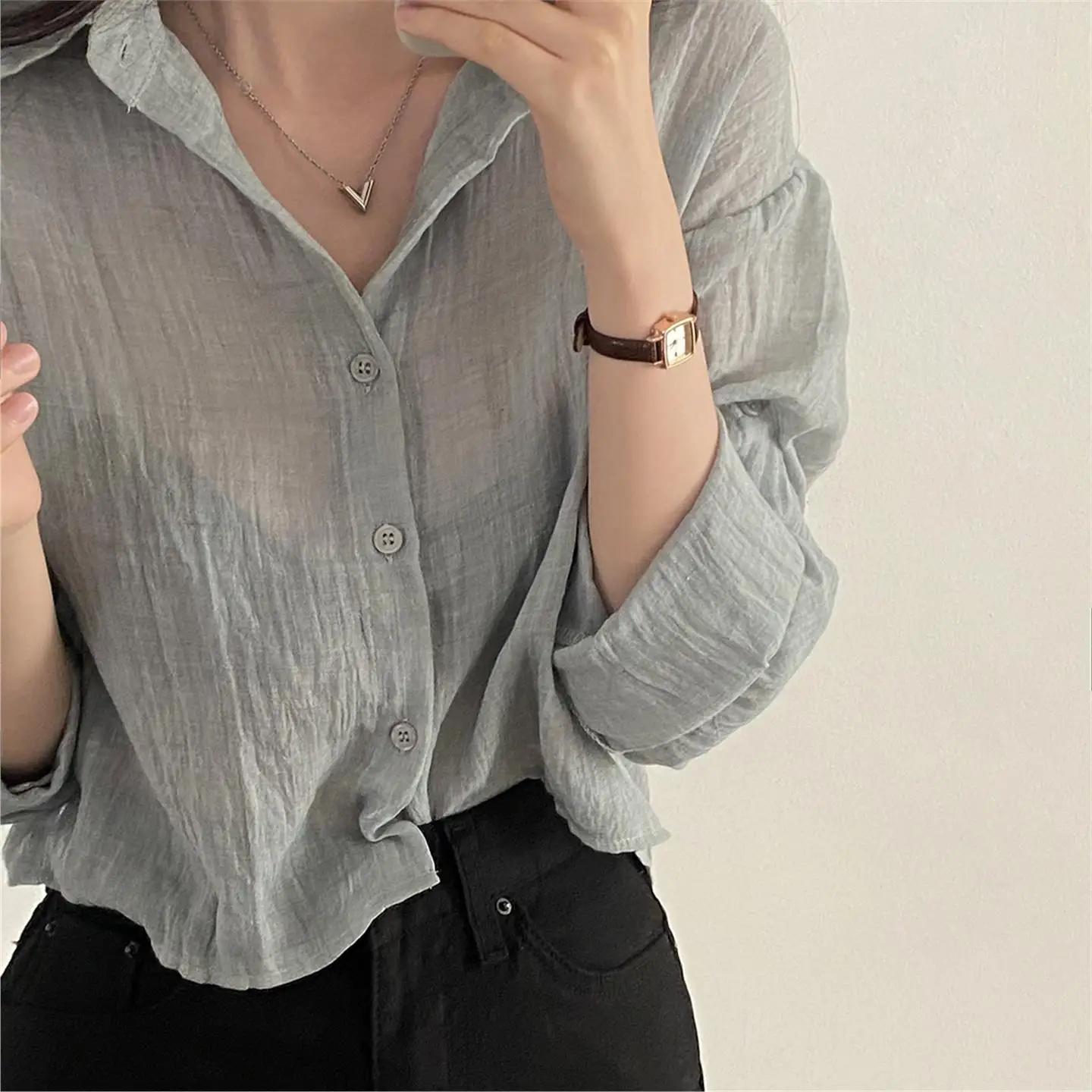 Spring Autumn New Loose Lightweight Long Sleeve Wrinkled Sun Protection Shirt Women's Fashionable Casual Polyester Fiber
