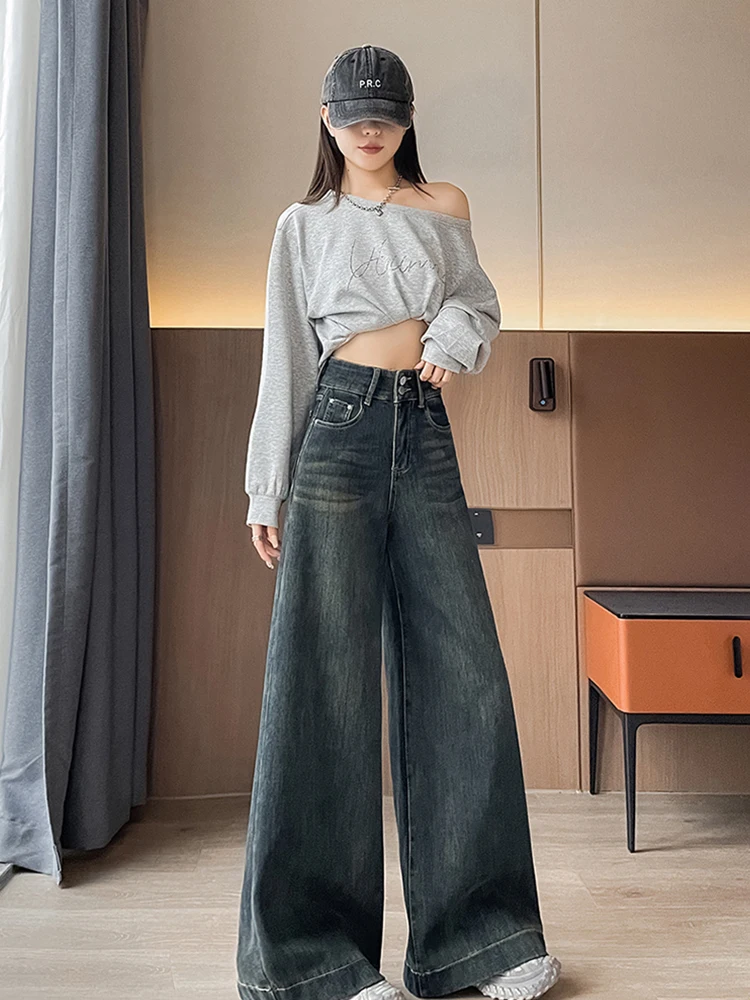 

Широкие джинсовые брюки с высокой талией, женские свободные брюки длиной до пола, осень-зима, груша, боди в стиле ретро, корейские джинсы Sle