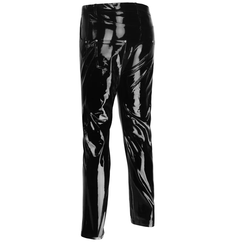 Black Party Stage Performance Slim Fit Biker Faux Leather Pants Shiny PVC Latex Trousers Fashion Motorcycle Mens Pants