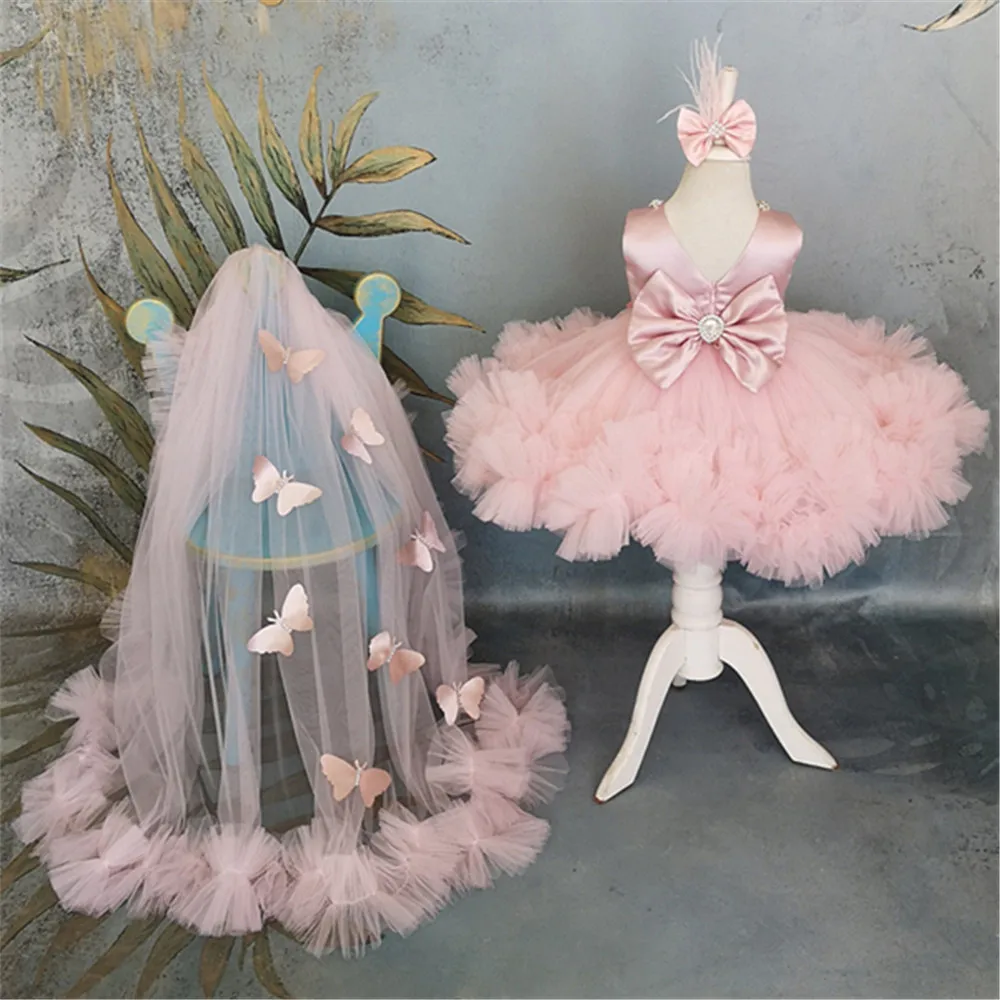 Flower Girl Dresses Puffy Girl Dress Pink Baby Dress With Train Bow Cute Kid's Child Birthday Dresses Frist Communion