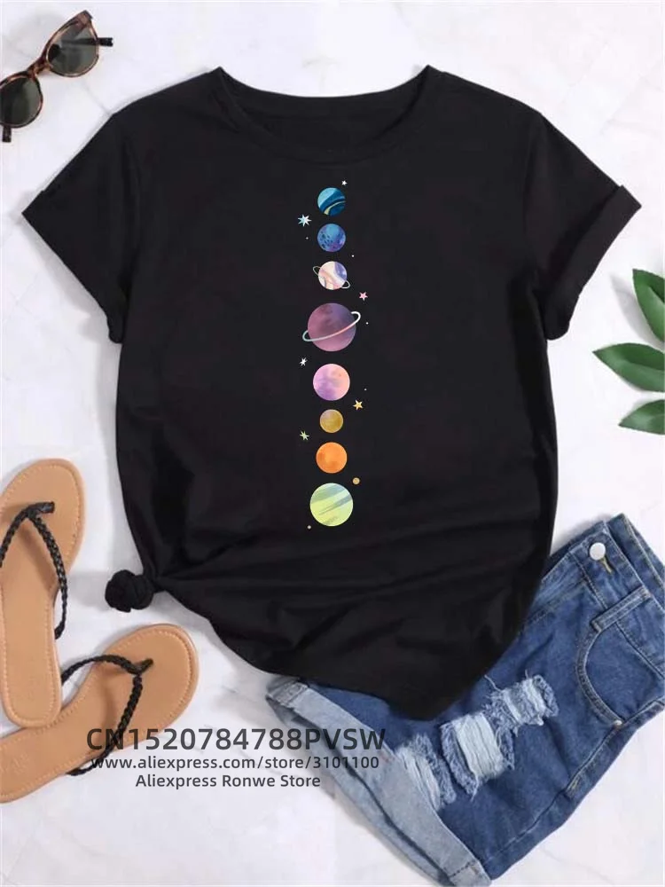 T Shirt Women Moon Planet Print Fashion Tee Shirts Casual Round Neck Short Sleeve Streetwear Female T-Shirt Vintage Tops