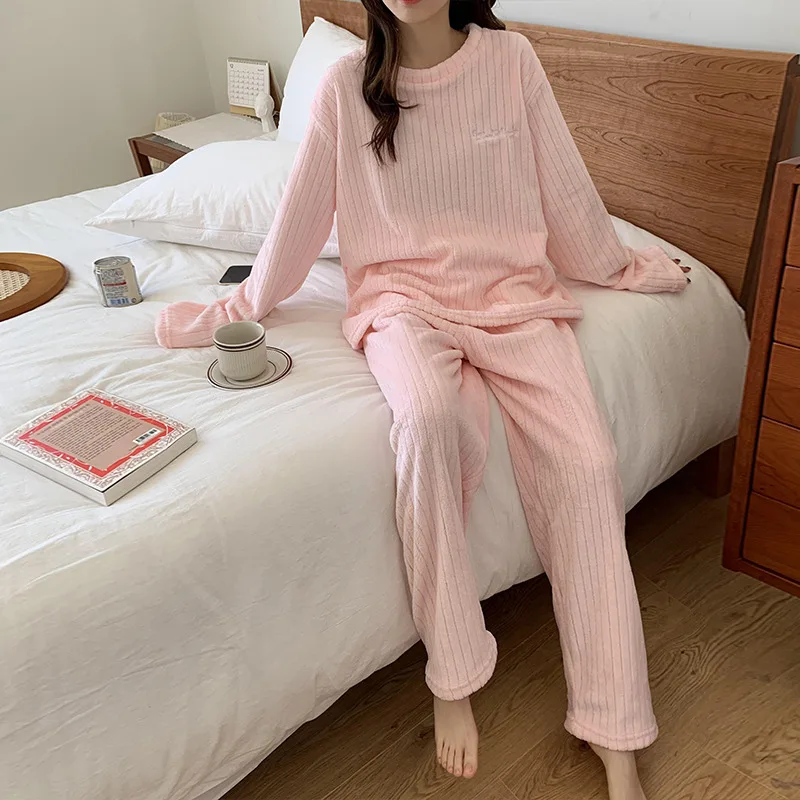 Autumn Winter Women Thicken Coral Fleece Pajamas Set Solid Warm 2 Piece Sets Pullover Pants Casual Long Sleeve Home Service Suit